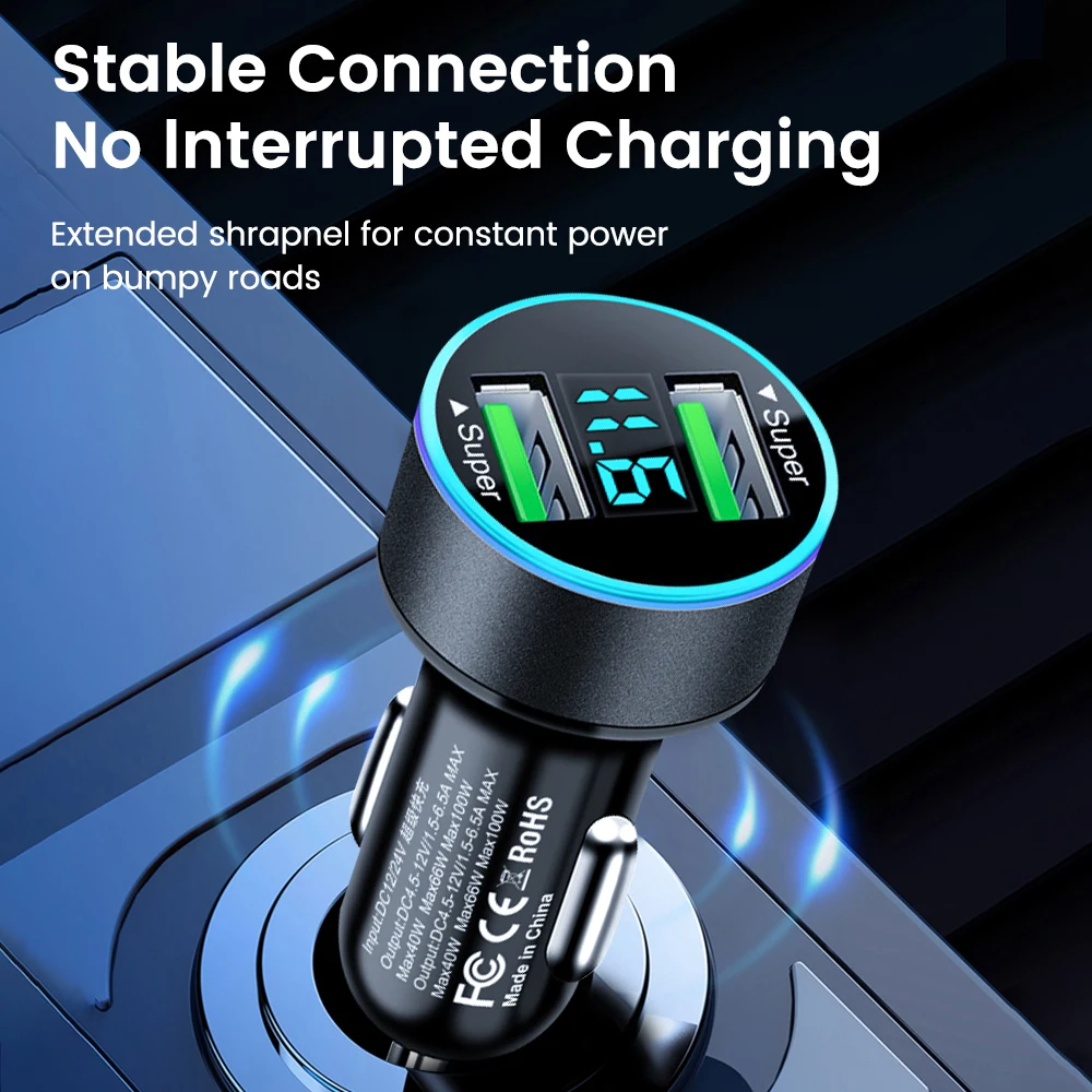 200W Car Charger Dual USB Ports Super Fast Charging with Digital Display Quick Charging Adapter For IPhone Samsung Xiaomi Huawei