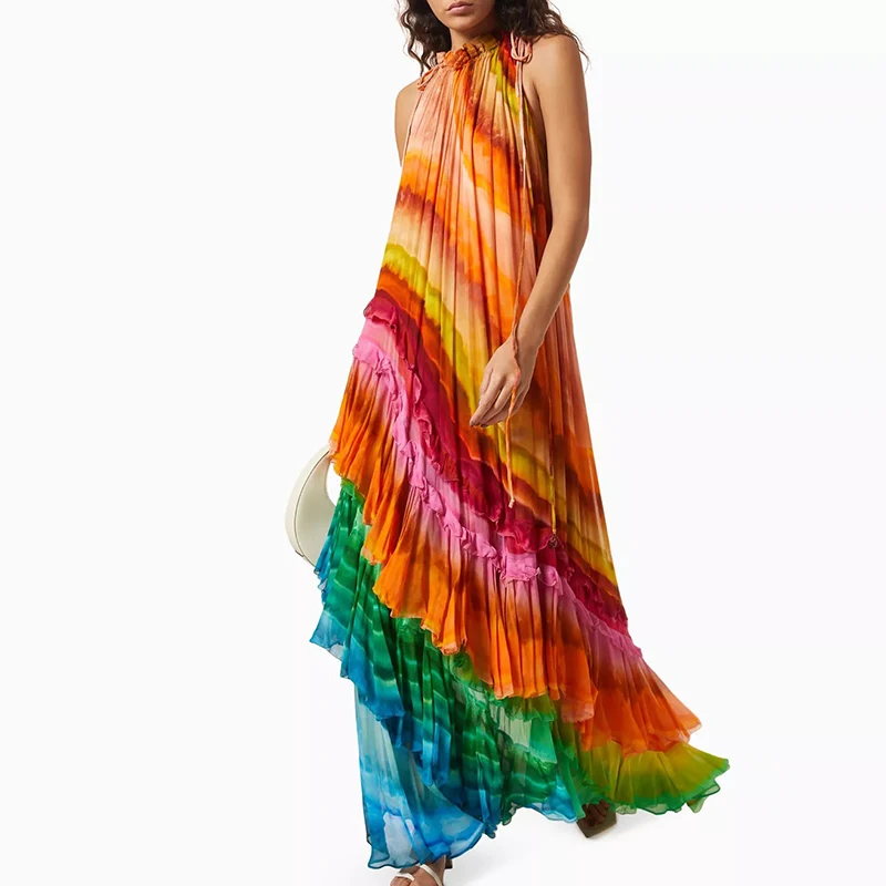 Vestido feminino verão o pescoço sem mangas solto boêmio rendas até vestidos de férias plissados gradiente impresso em camadas bolo vestido longo