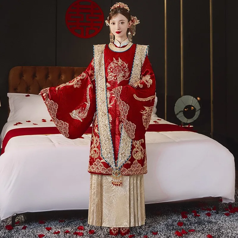 Zestaw dla par: korona feniksa w stylu Hanzhong i czerwona suknia ślubna