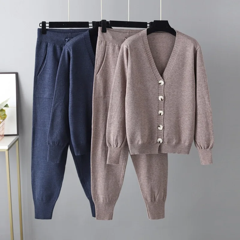 

Autumn and Winter 2 Pieces Women Sets Knitted Tracksuit V-collar Single Breasted Sweater Harem Jogging Pants Suits T696