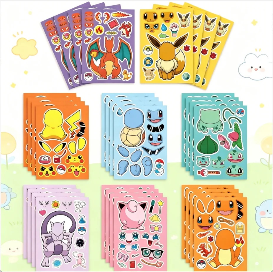 

16 Sheets Anime Pokemon Puzzle Stickers Kids Make a Face Pikachu Gengar Assemble Jigsaw Cute DIY Game Party Favors Craft Toys