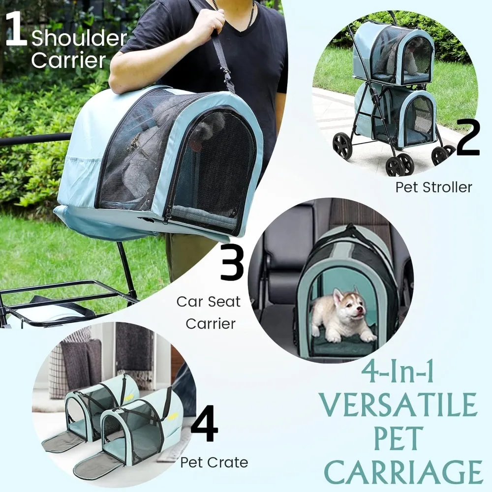 Doppelter Haustierkinderwagen für Hunde und Katzen, 2 abnehmbare Träger, 4 abschließbare Räder, Katzenkinderwagen für 2 Katzen, Doppelhundekinderwagen