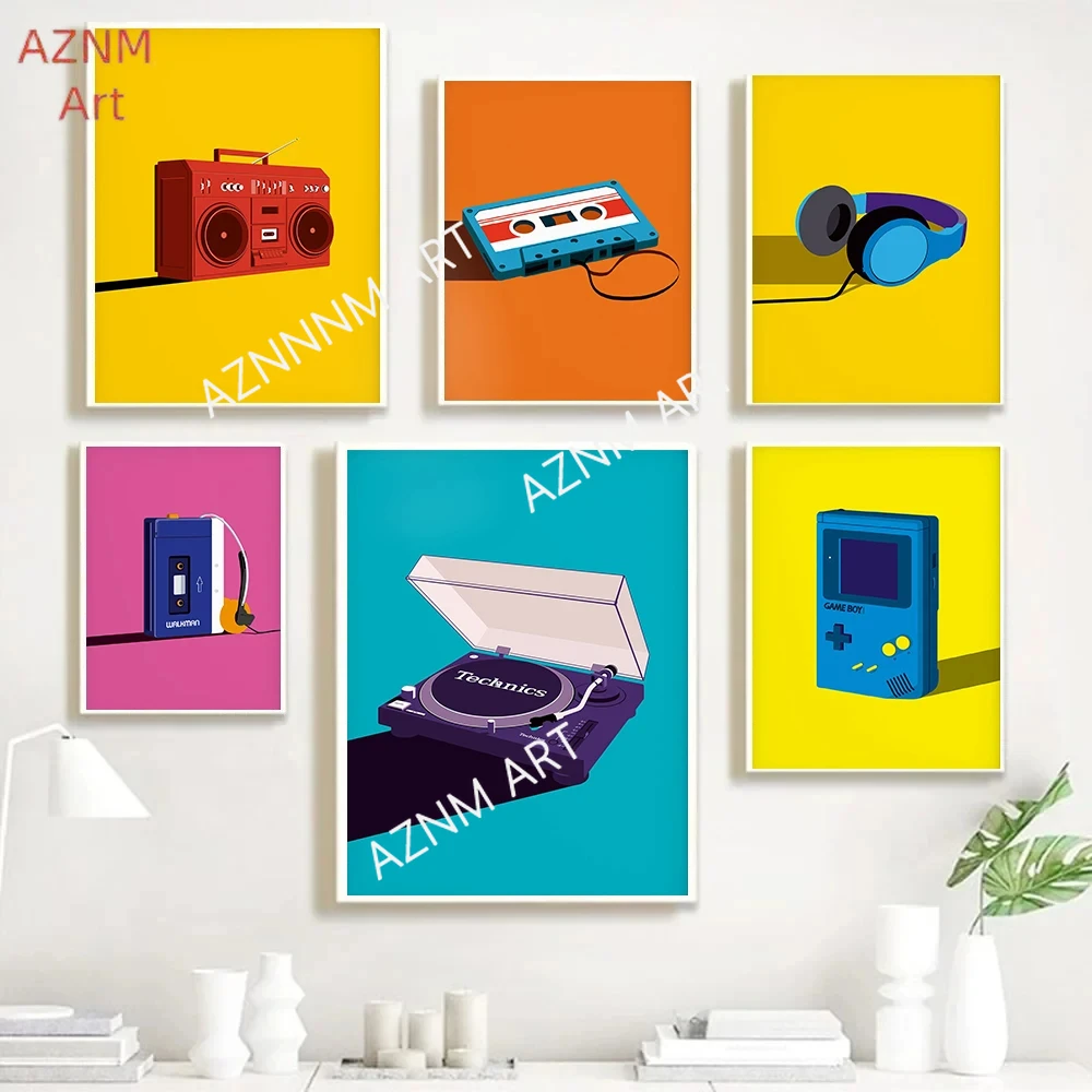Pop Art Retro 80s Cassette Tape Poster Record Deck Music Canvas Painting Vintage Wall Art Picture for Living Room Home Decor