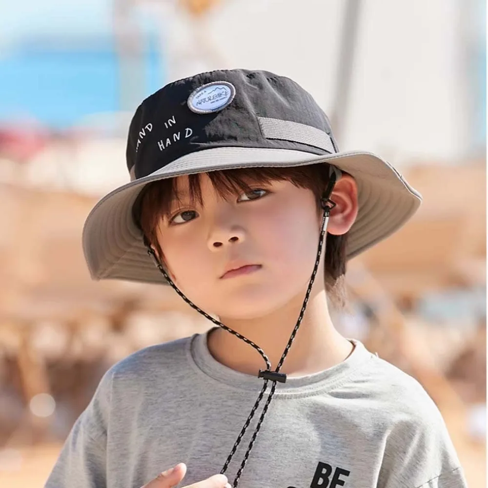 

Breathable Children Fisherman Hat Korean Style Letter Embroidery Kids Bucket Cap Anti-UV Contrast Color Quick-dry Sun Hat