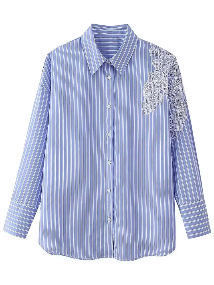 

HH женские летние модные синие полосатые однобортные блузки с длинными рукавами и вышивкой женские свободные повседневные рубашки