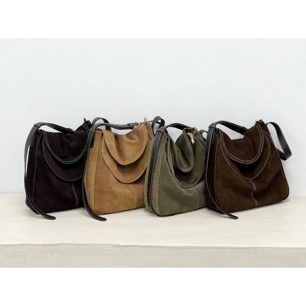 2026 New Retro First-layer Cowhide Double Cover Shoulder Texture Unique Fashion Lazy Wind Large Capacity Leather Underarm Bag