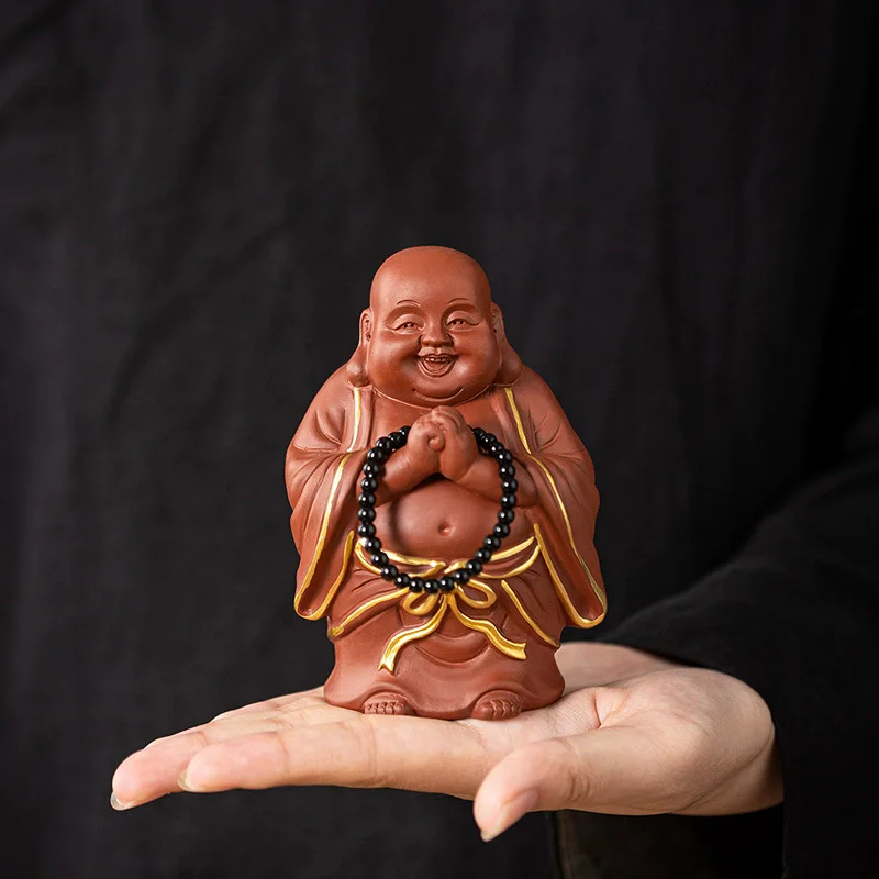 Happy Laughing Buddha Zisha Clay Tea Pet, Chinese Miler Fortune God Ornament for Tea Tray, Growable Desktop Decor for Good Luck