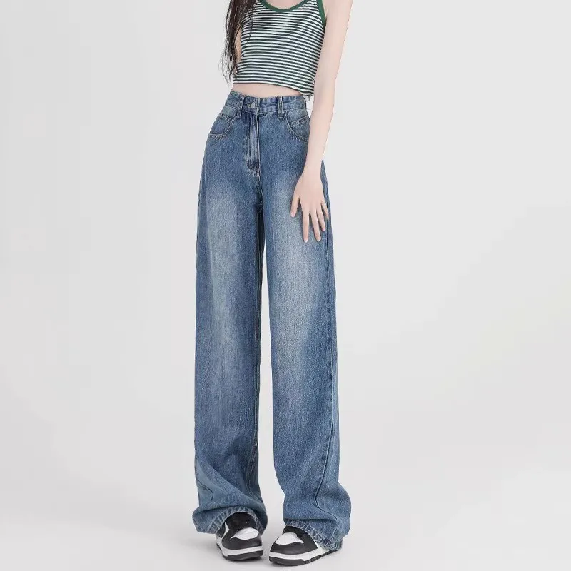 

WCFCX STUDIO Denim Trousers Women Korean Version Retro Blue Jeans Women's Loose Casual Wide-Leg Pants 2023