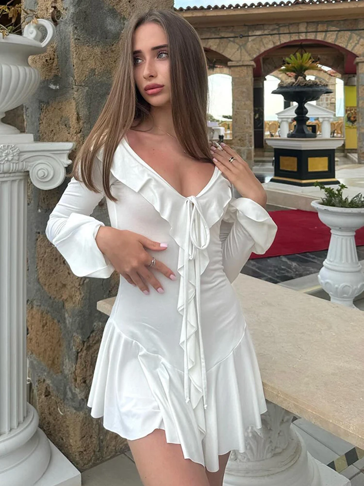 JULISSA MO Sexy Deep V-neck Ruffles Bandage Women Dress White Flare Sleeve Mini Dress Female Autumn Slim Elegant Beach Partywear