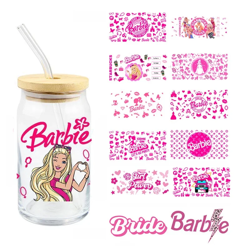 Miniso Barbie Stickers UV DTF Crystal Transparent Sticker Pink Barbie Princess Glass Cup Waterproof Scratch Resistant Stickers