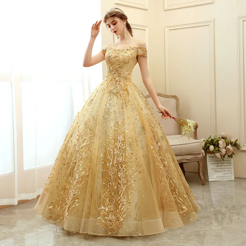 Women Off Shoulder Gold Ball Gown Wedding Dress Luxury Lace Up Flower Embroidered Banquet Evening Party Dress for Bride