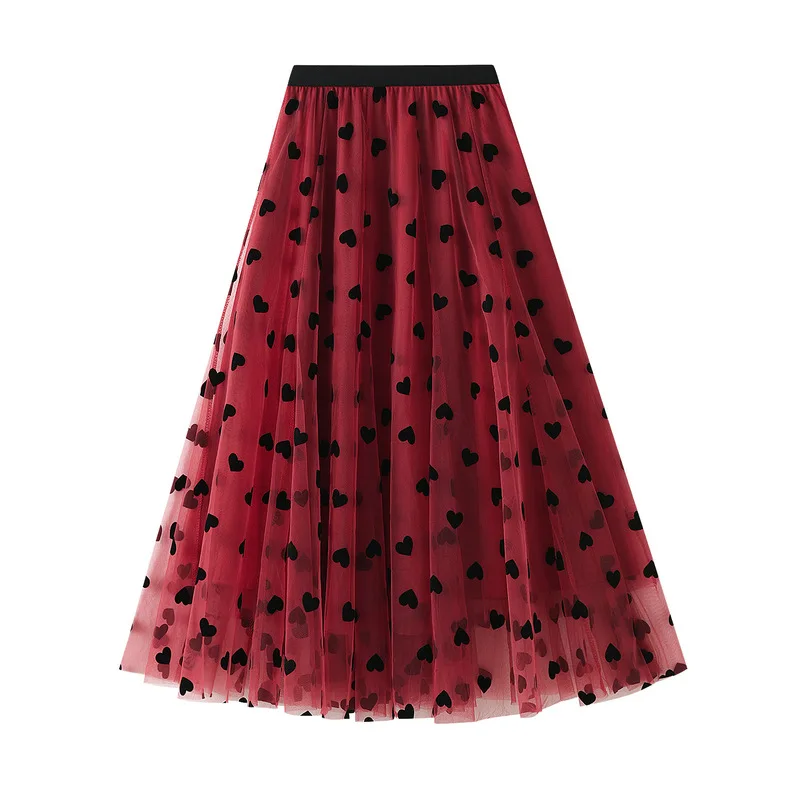 2024 spring new French retro high-waisted love MIDI skirt shag mesh flocking skirt