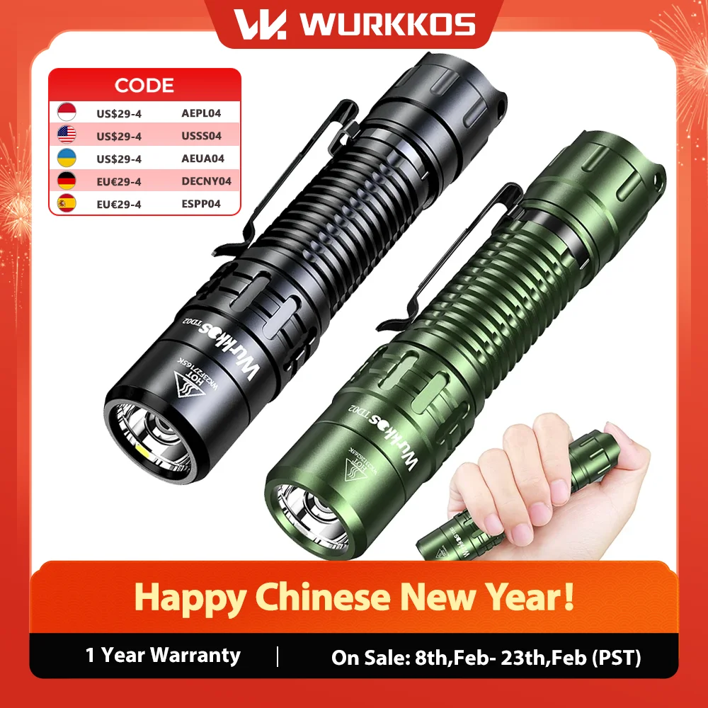 

Wurkkos TD02 Тактический фонарик 18650 EDC Перезаряжаемый свет 2000LM SST40 Светодиодный зеленый фонарик IPX8 Военные аварийные огни