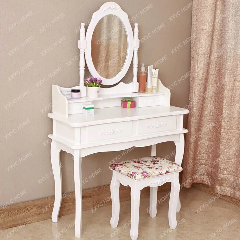 European Style Dressing Table White with Mirror with Stool Dressing Table Multi-Purpose Bedroom Dressing Table