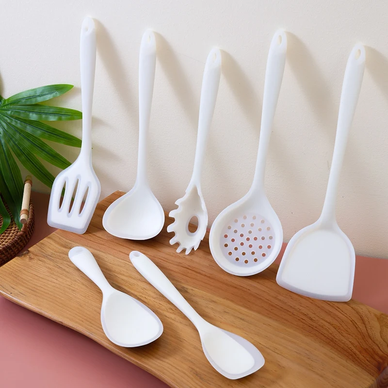 7 Pc Non Stick Silicone Utensil Set For Cooking And Baking Pot Spatula Kitchen Multifunctional Cooking Utensils Durable White