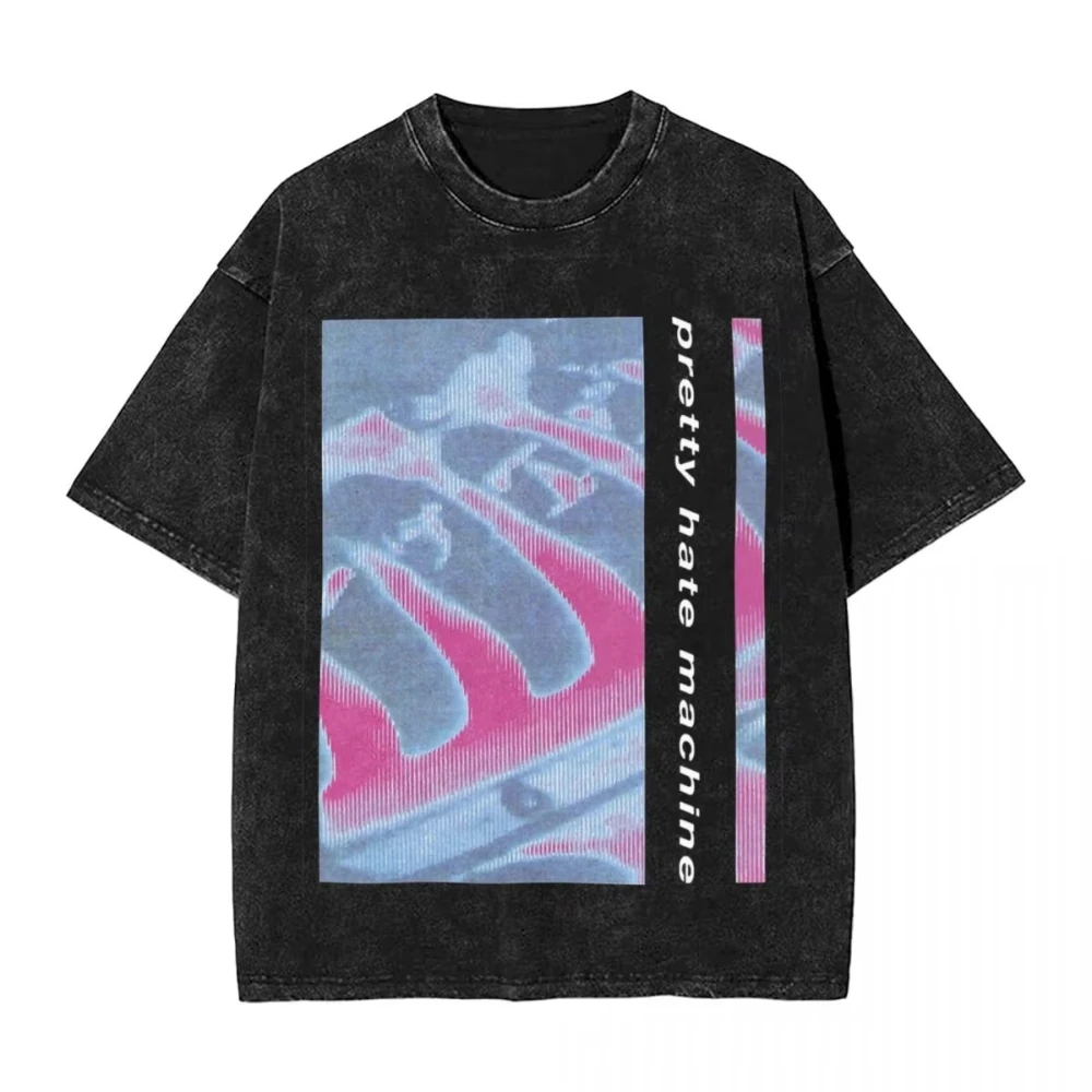 Camiseta Masculina Pretty Hate Machine Clássica Lavada NIN Nine Inch Nails Retrô Casual Gola Redonda Moda Verão Tamanhos Grandes