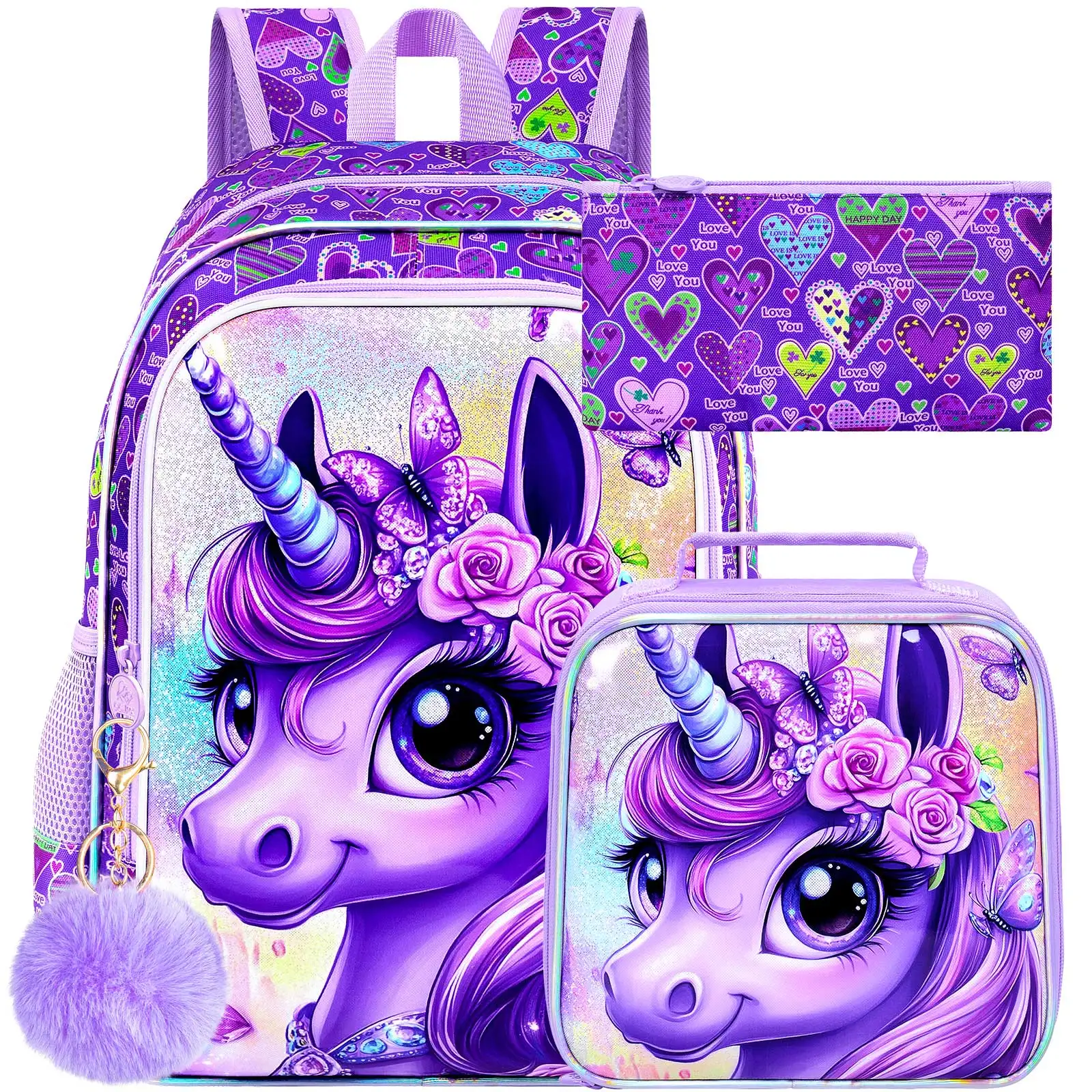 

3PCS Backpacks for Girls, 16" Elementary Kids Unicorn Preschool School Bookbags and Lunch Box