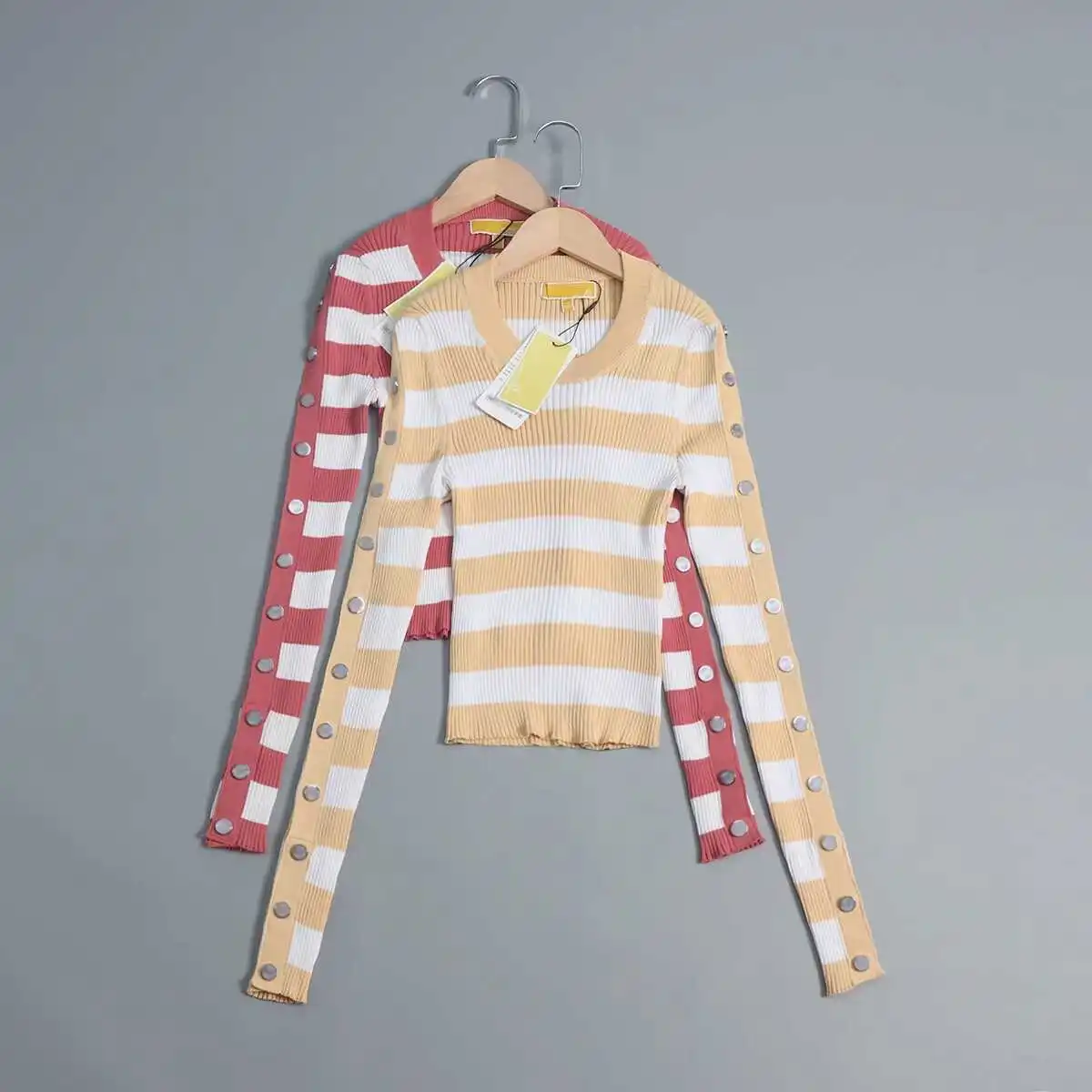 2024年初秋 レディース ストライプニットウェア ロングスリーブ ラウンドネック プルオーバー スリムフィット ベースシャツ レギュラー丈 おしゃれ