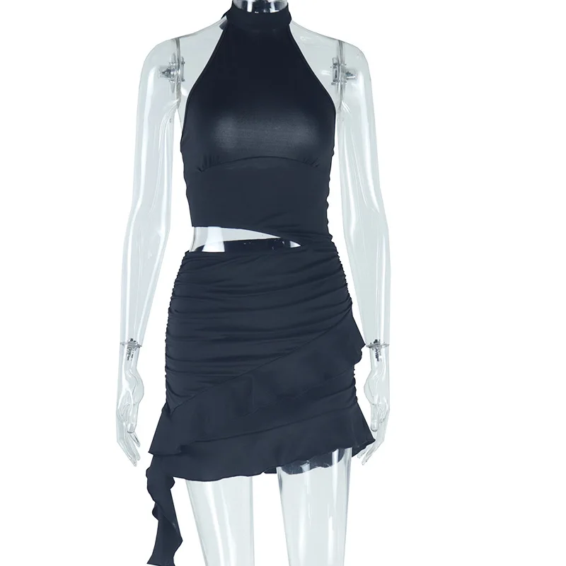 STYLISH LADY Ruffle Dress 2025 Summer Women Halter Backless Cut Out Bodycon Draped Sexy Club Party Black White Mini Dresses
