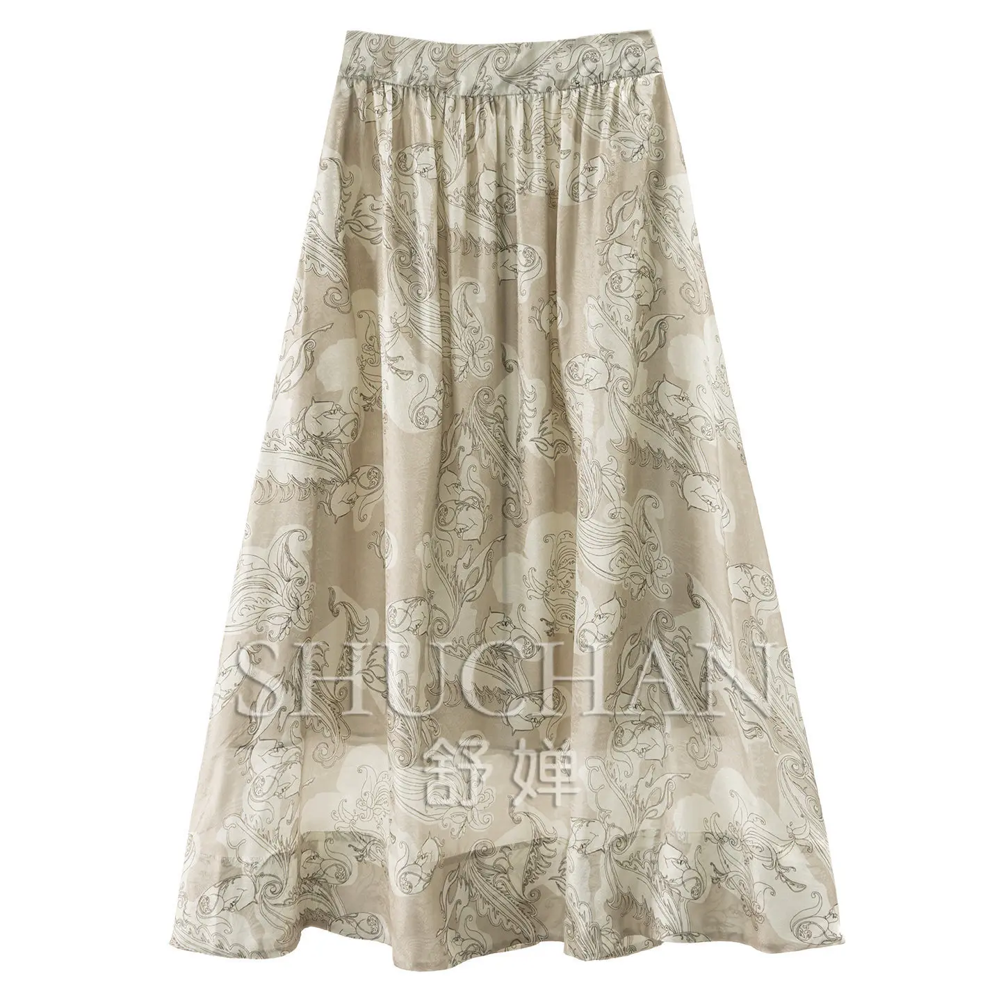 Long Skirt Freehand Flower Shadow 100% Natural Silk Electric Spinning Jacquard High Waist A-shaped Skirt Women 40L4