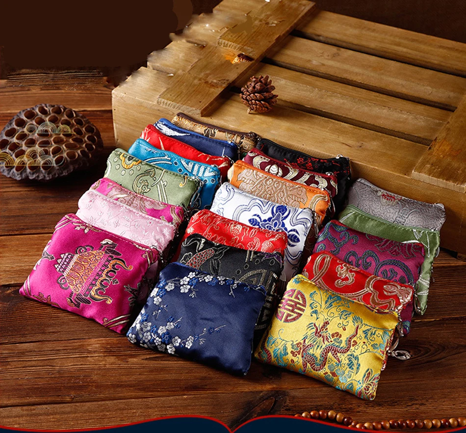 10pcs Coin Purses Women Silk Double Zipper Brocade Decoration Short Wallet Mix Color