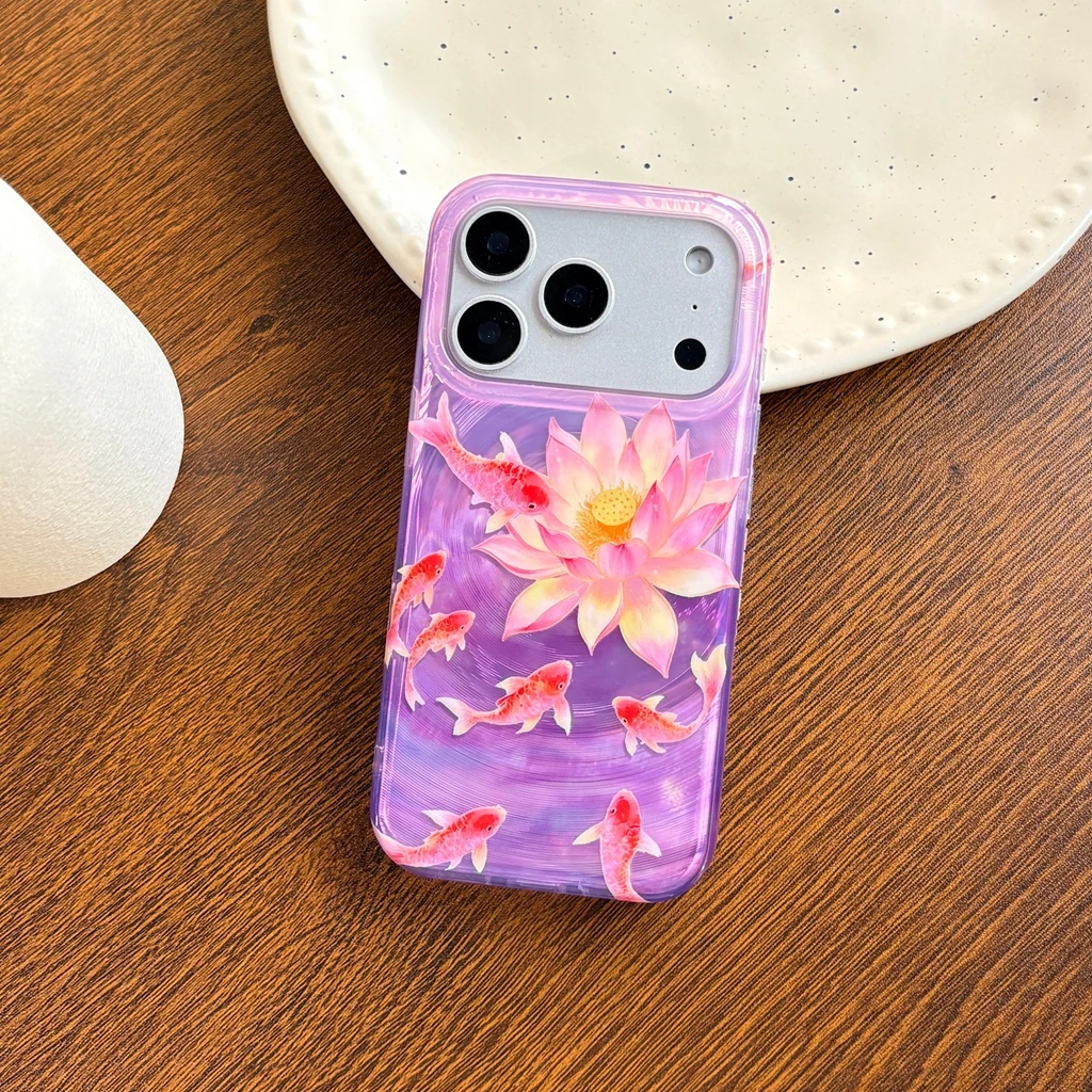 Neue chinesische Stil Lotus Koi Fisch Vortex Textur Muster stoßfest Telefon Abdeckung Fall für iPhone 17 16 15 14 13 Pro Max Air