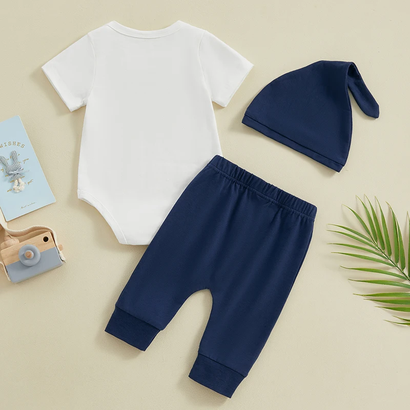 Baby Boy Easter Outfit Short Sleeve Letter Print Romper Elastic Waist Rabbit Print Pants Solid Color Hat Toddler 3 Piece Set