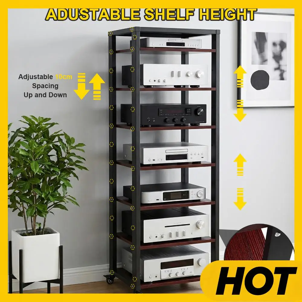 Tower CD Player Stand Height Adjustable Shelves Audio-Video Shelving Unit with Wheels for Living Room Gaming Room Music Studio