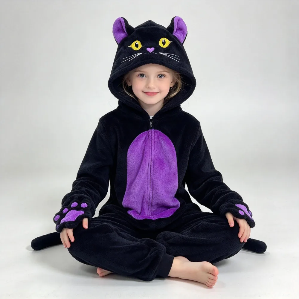 Toddler Animal Cat Kigurumi Onesie, Kids Flannel Hooded Sleepwear With Cat Tail Paw, Halloween Carnival Cosplay Costume Pyjamas