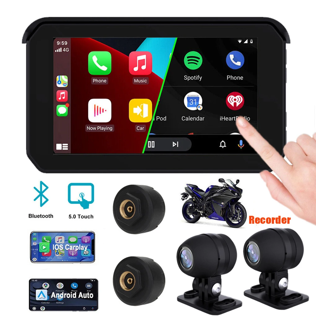 

Motorcycle 5Inch Touch Screen Dual Lens Front Rear Recorders Support Wireless CarPlay Android Auto with Tire Pressure Monitoring
