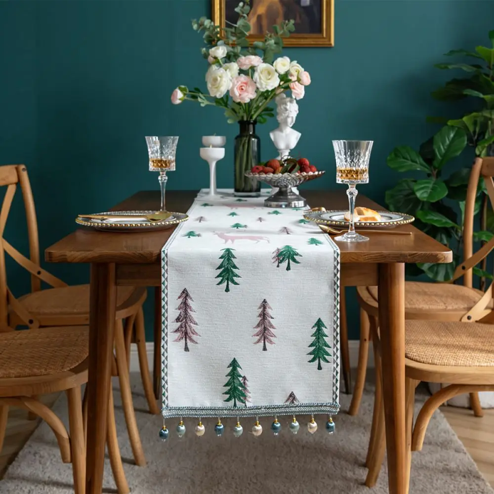 Chenille Table Runner Tassel Trim Dining Tablecloth Modern Minimalist Style Fabric Desk Cover Protector For Home Kitchen Decor