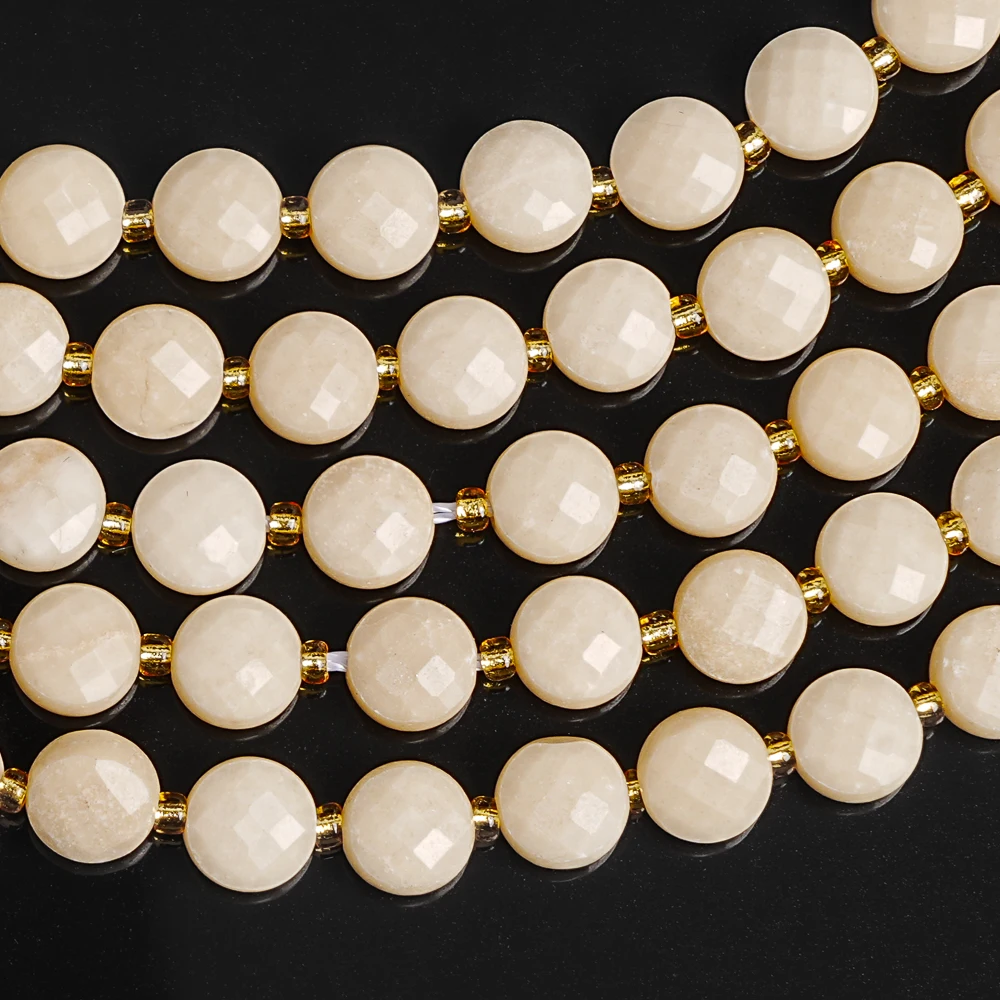 BEIGE NATURAL STONE BEADS FACETED FLAT ROUND COIN LOOSE BEADS FOR JEWELRY MAKING DIY HANDMADE BRACELET NECKLACE ACCESSORIES 6MM