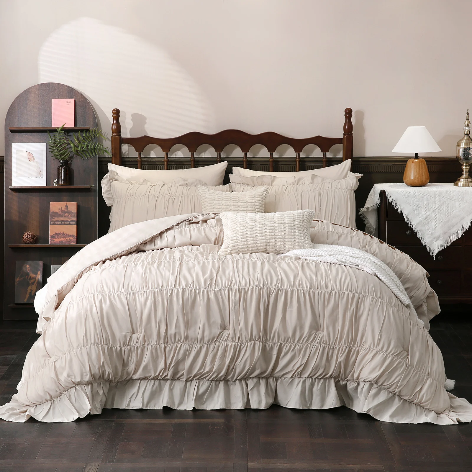 Beige Comforter Set Queen/King Size,Ruched Neutral Boho Bedding 9-Piece Bed-in-a-Bag Fluffy Farmhouse Ruffle Bedding Set with Comforter, Flat Sheet, Fitted Sheet, Pillow Shams, Pillowcases