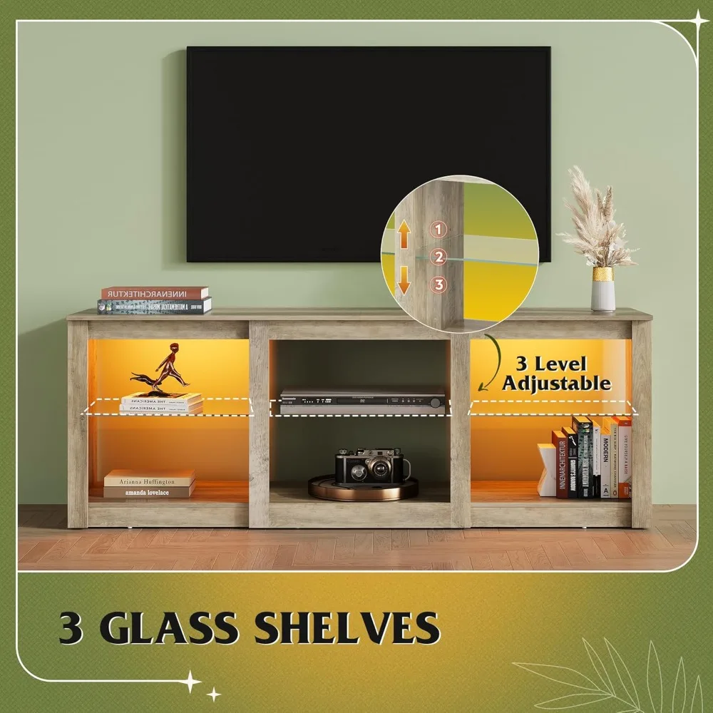 Suporte de TV LED WLIVE para TV de 65 polegadas, centro de entretenimento moderno com prateleiras de vidro ajustáveis e luzes LED personalizáveis, resistente M