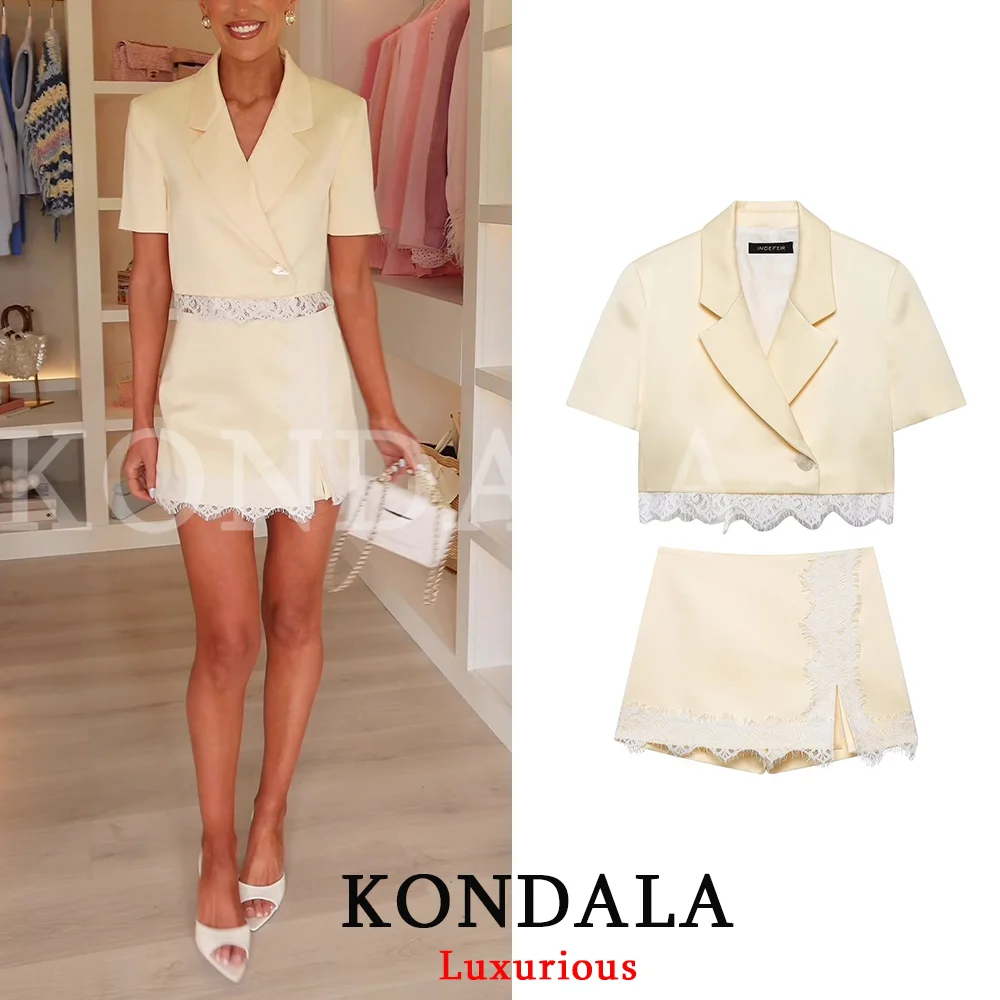 KONDALA Casual Yellow Solid Suit V Neck Short Sleeve Single Button Short Blazer Lace Skirt Shorts Fashion 2026 Summer OfficeSets