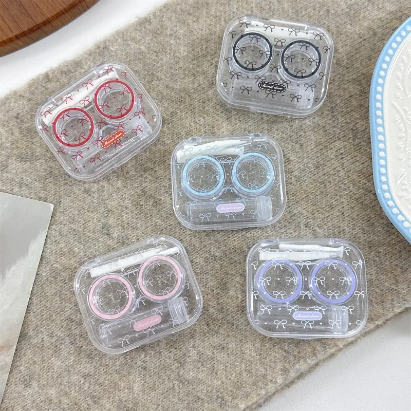 Women's Bow Print Clear Contact Lens Case Portable Transparent Lens Storage Box with Tweezers Solution Bottle Case