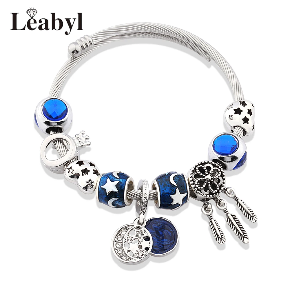 Classic Dark Blue Crystal Star Moon Charm Bracelet Silver Color Heart Crown Dream Dream Catcher Bead Bangle DIY Jewelry