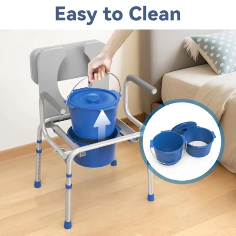 Drop Arm Bedside Commode Commode with Padded Seat and Backrest 500lbs Capacity 5.81QT Removable Bucket Adjustable Height Portab