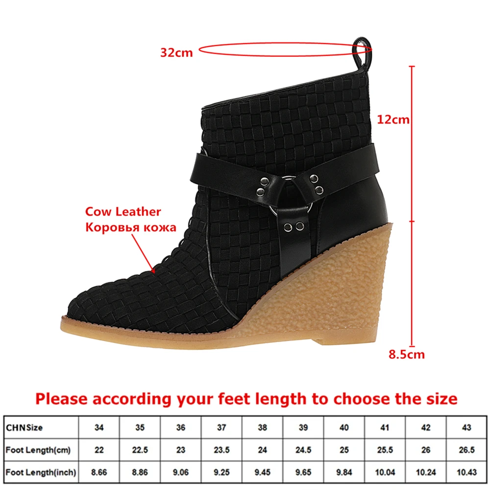 MILI-MIYA Women's Cow Leather Wedge Heel Woven Ankle Boots With Round Toe Non-Slip Sole And Plain Zip Fastening For Ladies