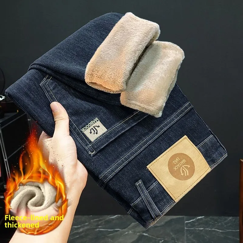2026 Winter Men's Warm Pants Fashionable Embroidered Printed Design Trendy Slim Fit Elastic Plush Jeans for Men