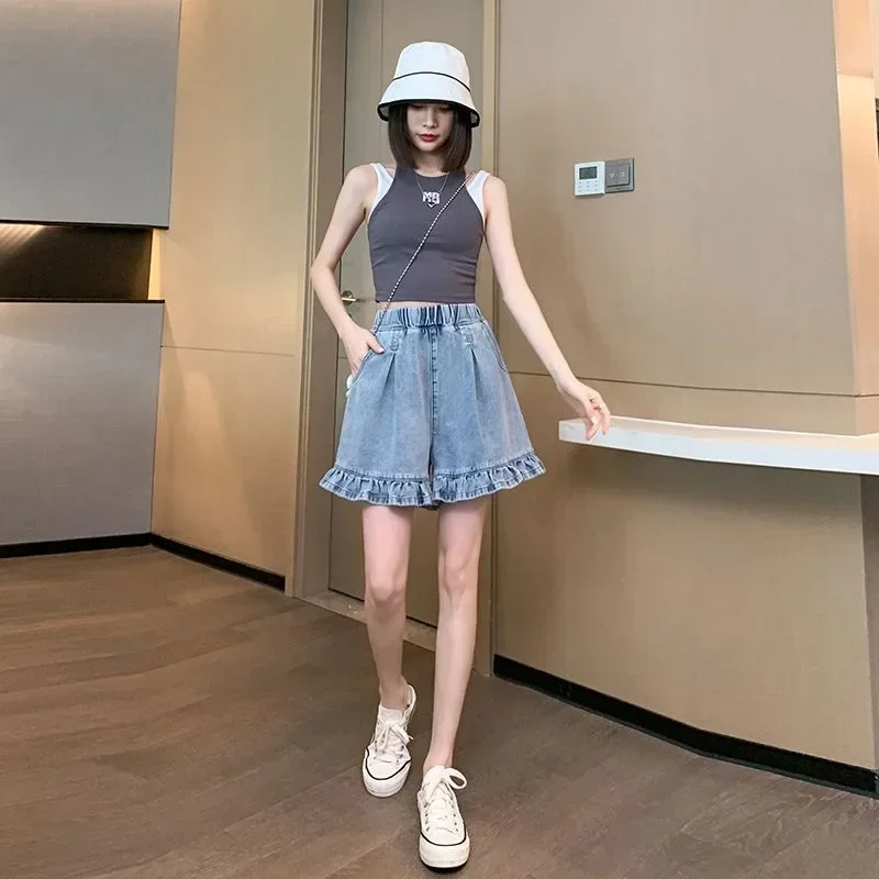 Y2K Summer Women Vintage Blue Korean Denim Shorts High Waist Knee Length Wide Leg Baggy Pockets Short Pants Harajuku Clothes