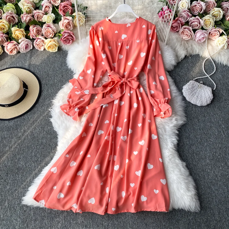 Vestido Maxi com Estampa de Cereja, Estilo Coreano, Decote em V, Cintura Alta, Manga Longa, Vestido Vintage de Camada Base