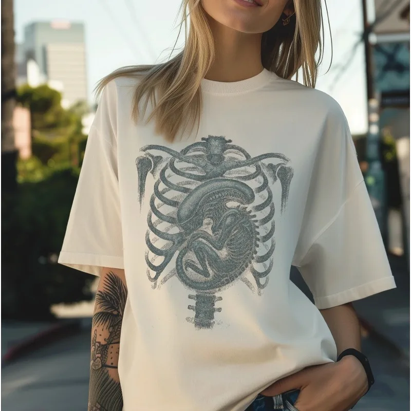 Alien X-ray Sci-fi Horror T-shirt, Summer New Trend Y2K Casual Fashion T-shirt