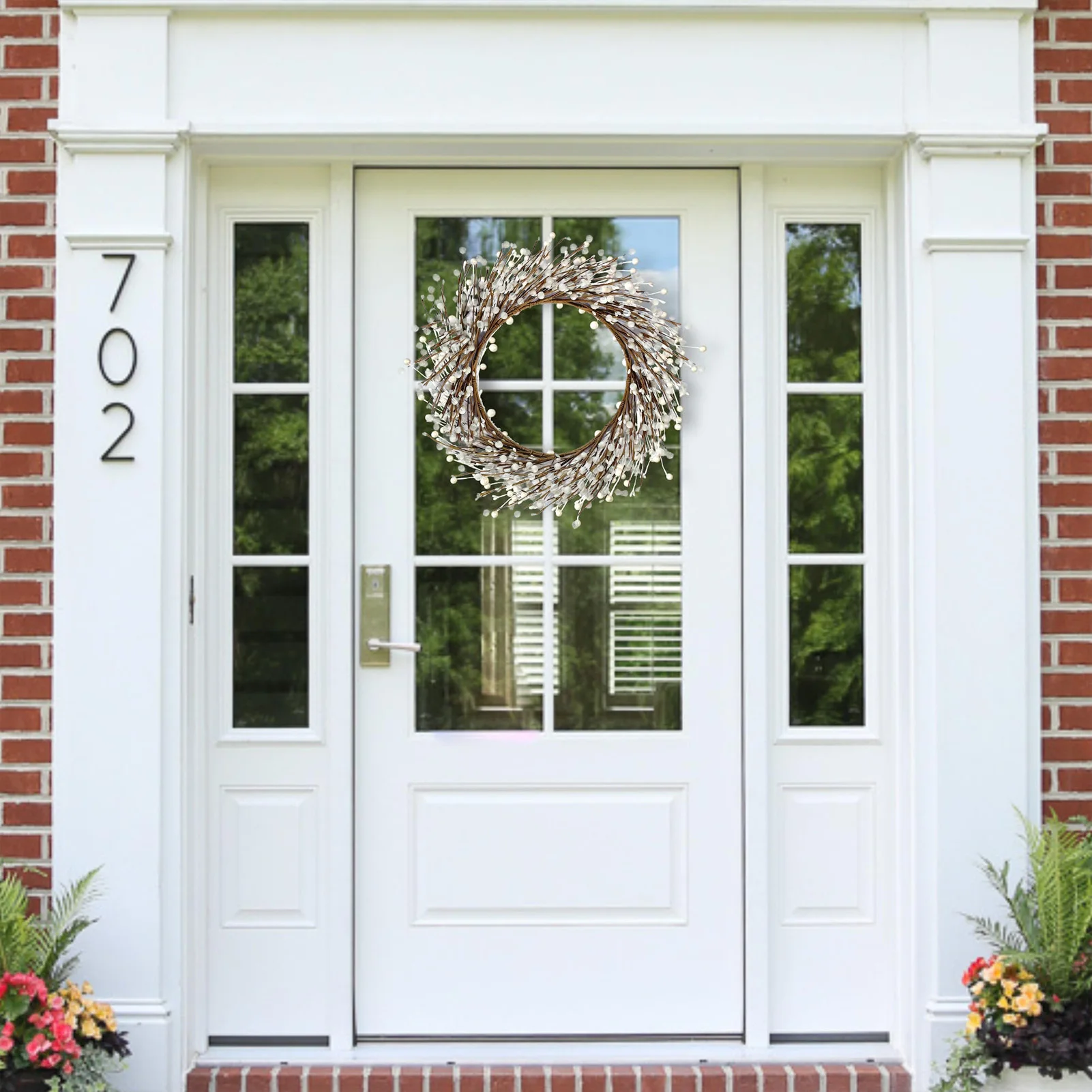 Christmas Wreath Door Hangin White Beads Design Garlands Xmas Vine Wreath for Farmhouse Porch Decoration