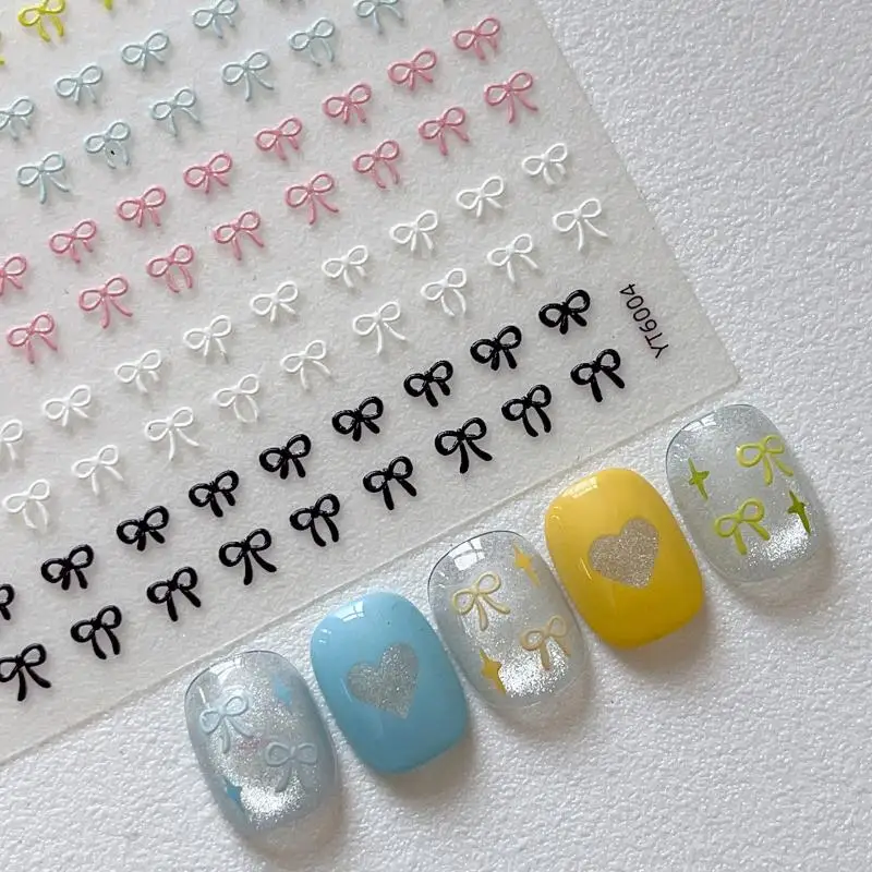 2Pcs 3D Embossed Bow Nail Stickers Multicolor Mini Bow Nail Art Decals Self Adhesive Manicure Decorations