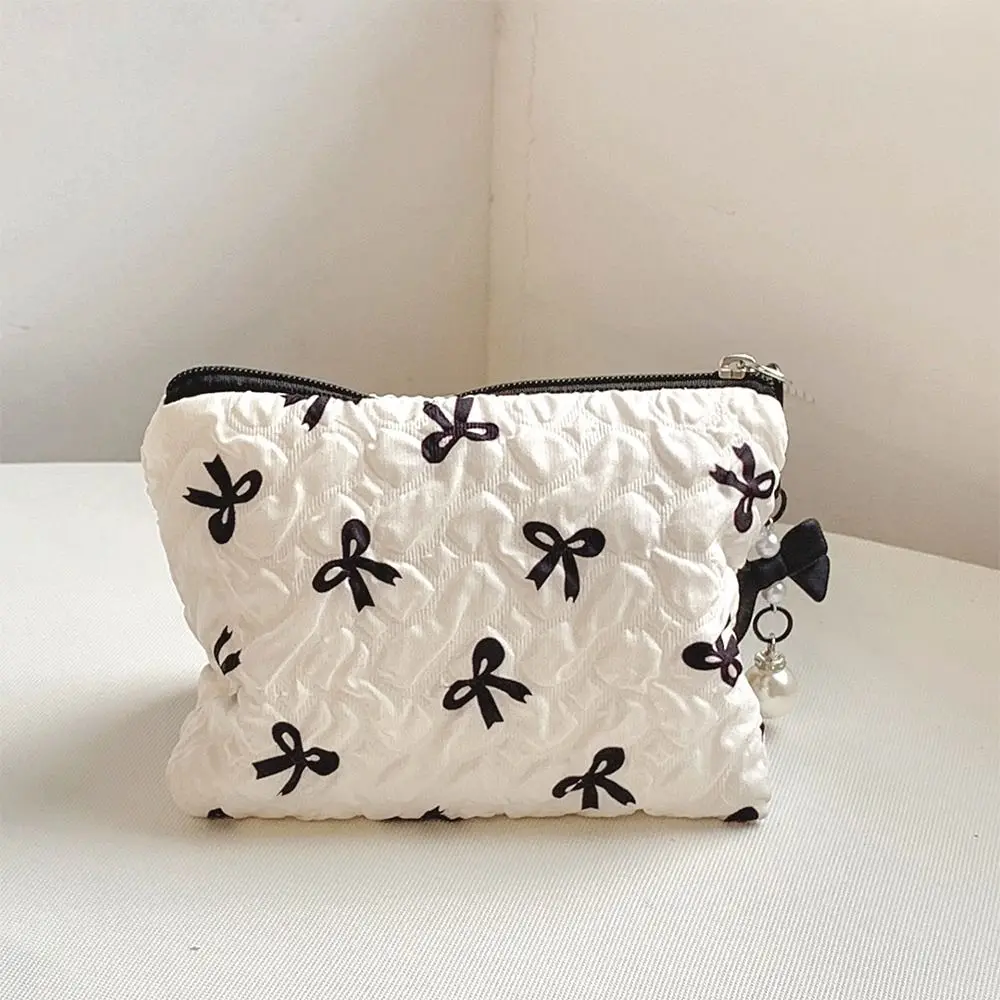 Bolsa de maquiagem portátil com laço pequeno, bolsa de maquiagem de algodão para mulheres, bolsa cosmética de viagem acolchoada, organizador de maquiagem para meninas