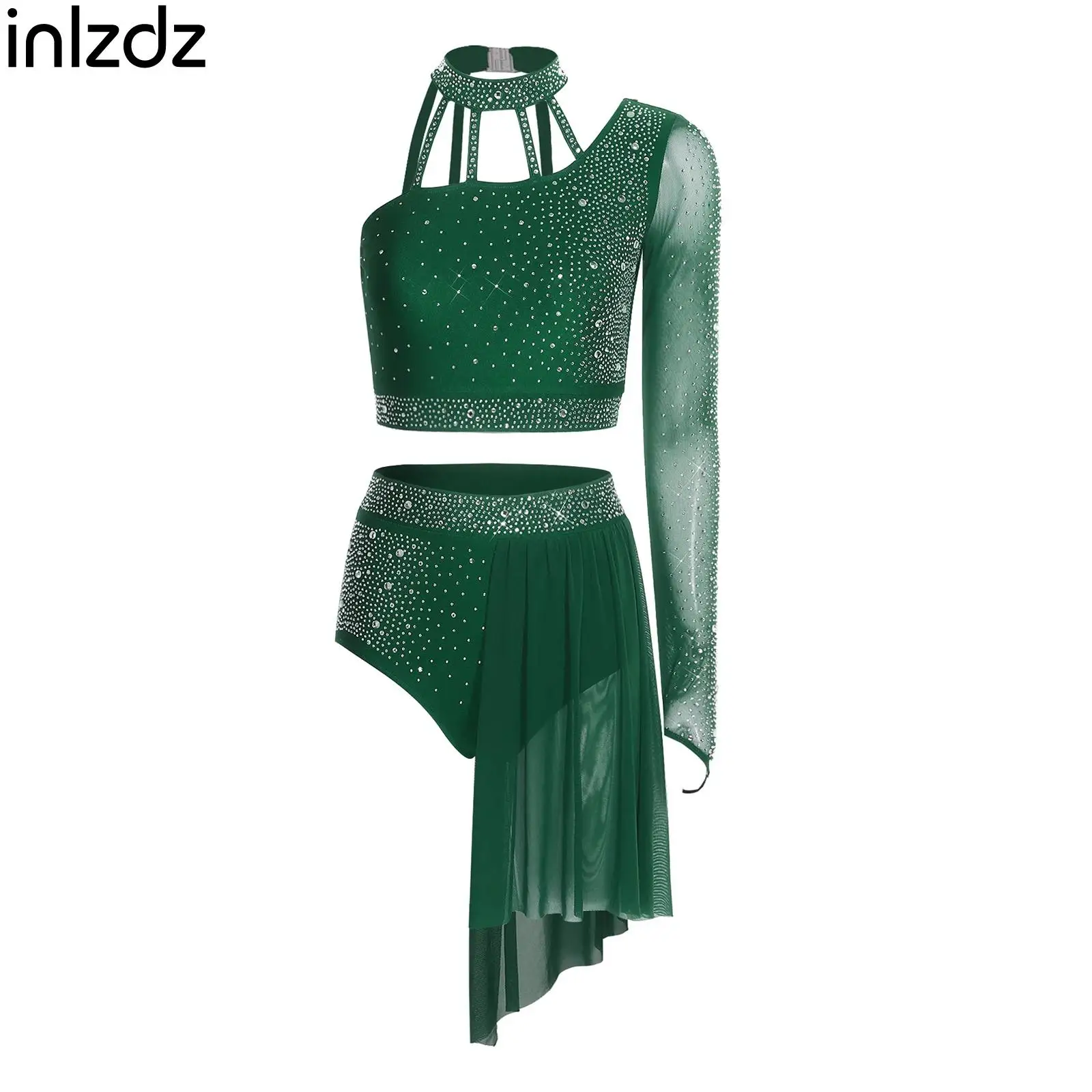 

Womens Rhythmic Gymnastics Dance Outfit Ballet Latin Modern Figure Skating Dance Costume One Shoulder Rhinestone Crop Top+Shorts