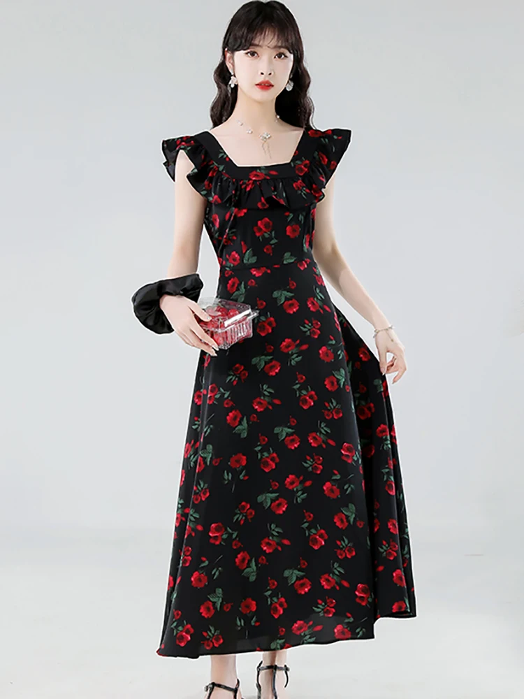 夏黒シフォンレッド花柄シックなフリルスクエアカラードレス女性韓国ヴィンテージヘップバーンドレス 2025 エレガントなボディコンドレス
