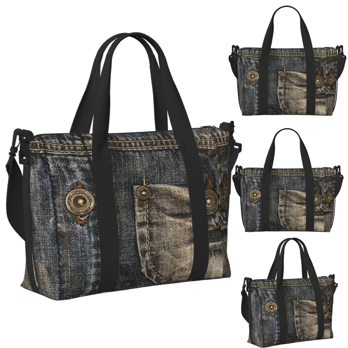 

Custom Two Pocket I Love Bluejeans Denim Beach Travel Bag Large Capacity Tote Bags for Gym Women Shopping Duffle Shoulder Bag