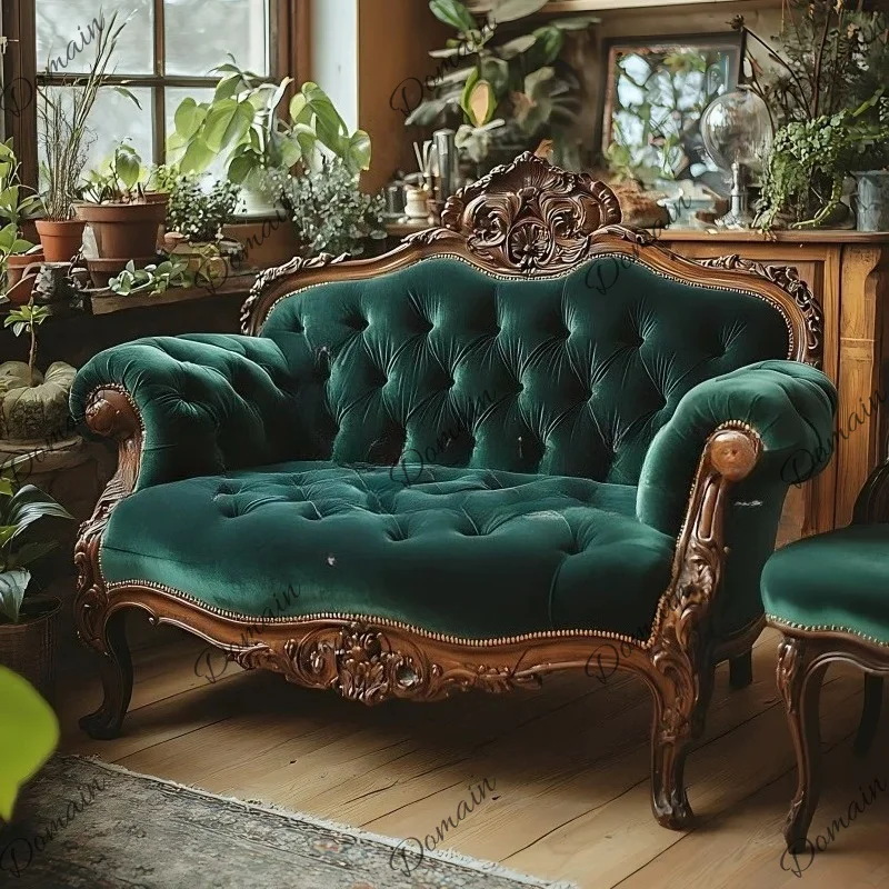 French vintage walnut-colored double sofa, villa living room study sofa, hotel club, photo studio, three-person sofa